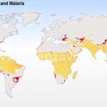 Malaria. Zone endemiche e zone di probabile diffusione, in seguito al riscaldamento globale.