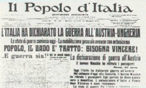La notizia della dichiarazione di guerra del nostro Paese, riportata dal quotidiano il Popolo d'Italia.
