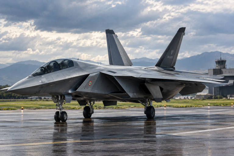 Caccia stealth PA-300 sulla pista bagnata