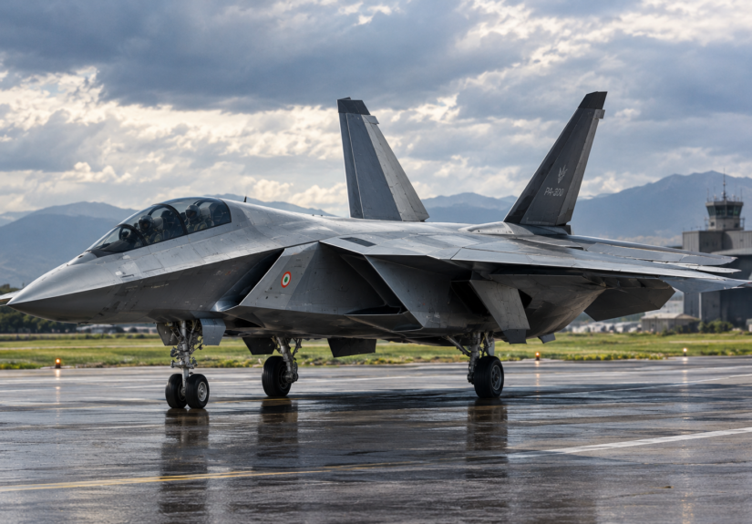Caccia stealth PA-300 sulla pista bagnata